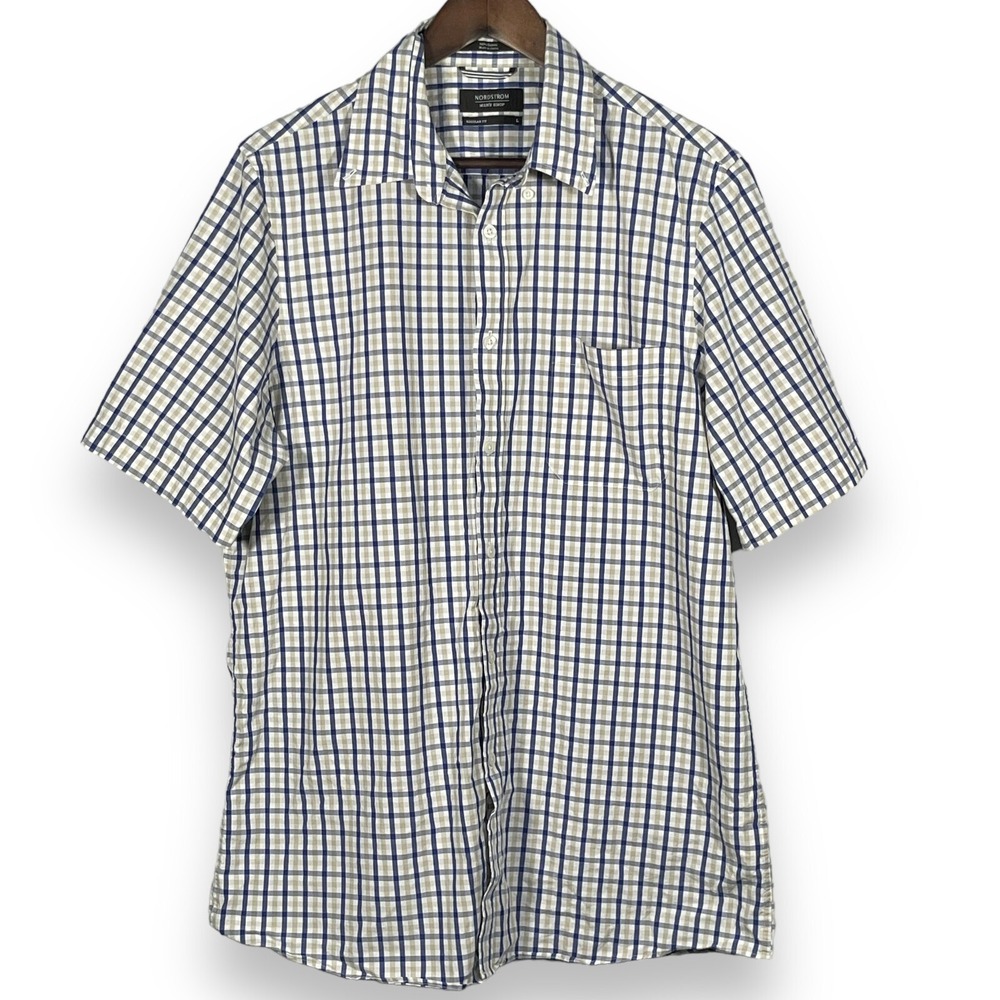 Nordstrom Mens Shop Regular Fit Short Sleeve Cotton Check Button Down Shirt L